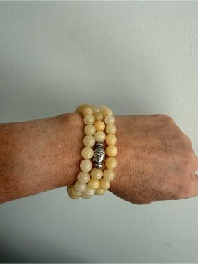 3 Yellow Jade Bead Bracelets with Buddha Accent - Women Jewelry
